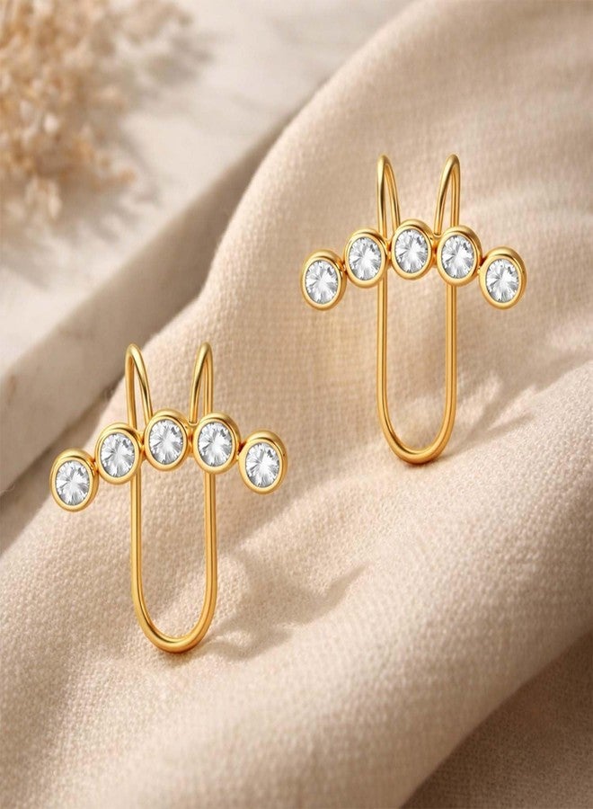 VAMA FASHIONS Elegant 18K Gold Plated White Rhinestone Ear Cuff Non Piercing Clip-On Earrings Anti Tarnish Lightweight Upper Ear Accessory For Women & Girls - Image 4
