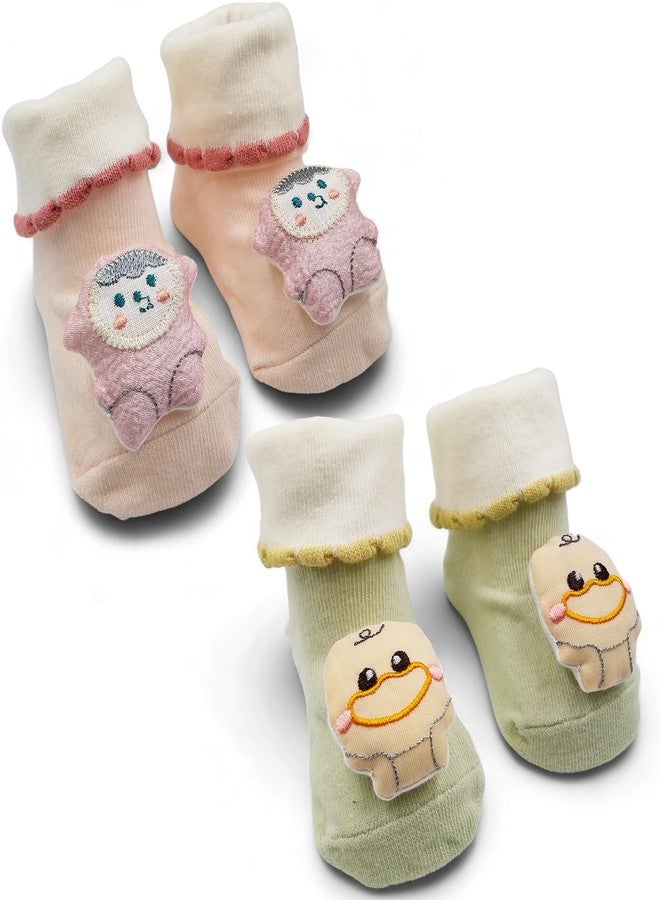Kradyl Kroft Set of 2 100% Cotton Baby Booties Socks for New Born | Anti Skid | with Cute Animal Face | Unisex Socks for New Born Baby | Cotton Stretch Socks (Smiley)