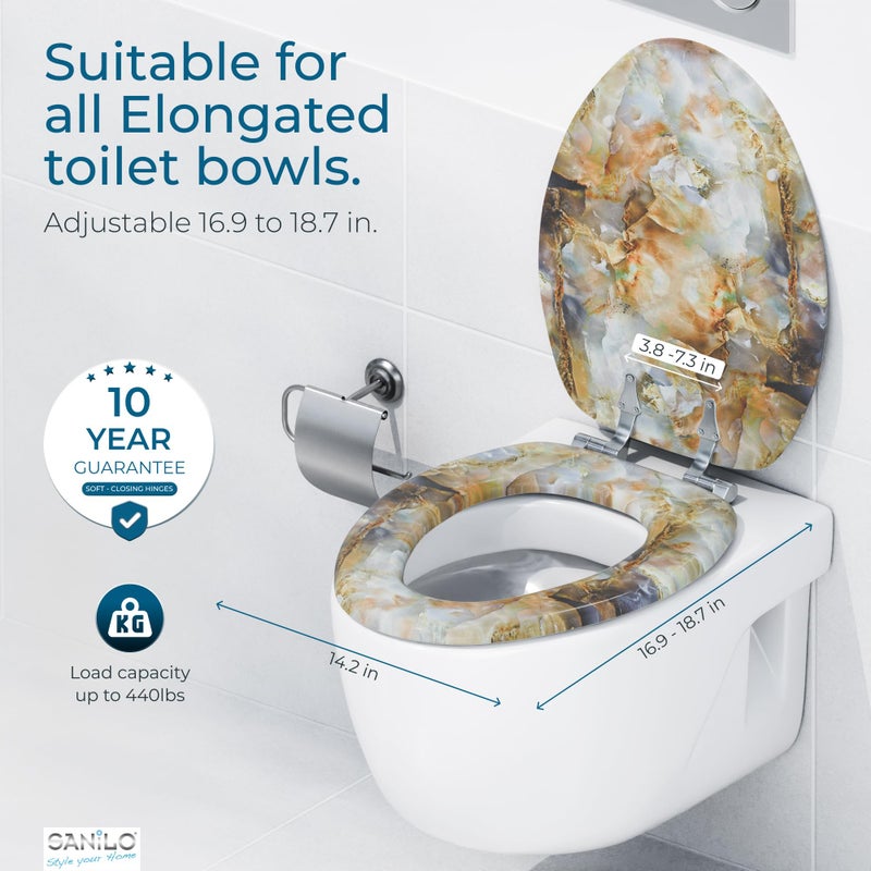SANILO Wooden Toilet Seat with Soft Close [ELONGATED] - Decorative, Quiet & Slow Close Molded Wood Seat - With Strong Bumpers & Hinges - Adjustable Fit - Marble Brown - Image 4