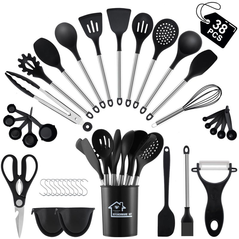 38 Pieces Kitchen Utensils Set BEWOS Silicone Cooking Utensils Set with Spatula Utensil Holder and Measuring Spoons Nonstick Heat Resistant Black Kitchen Gadgets Stainless Steel Handle
