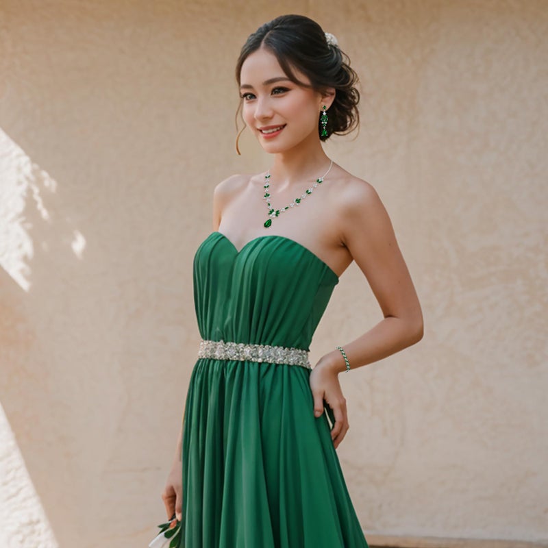 BriLove Wedding Jewelry Set for Women, Y-Necklace Tennis Bracelet Dangle Earrings with AAA Cubic Zirconia Teardrop for Bridal Bridesmaid Emerald Color - Image 2