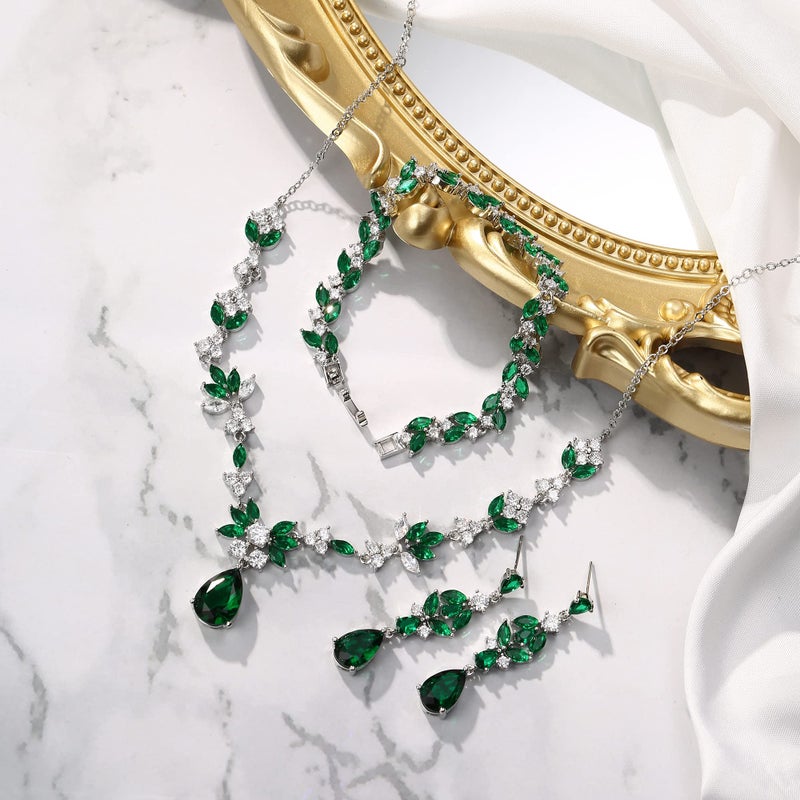 BriLove Wedding Jewelry Set for Women, Y-Necklace Tennis Bracelet Dangle Earrings with AAA Cubic Zirconia Teardrop for Bridal Bridesmaid Emerald Color - Image 4