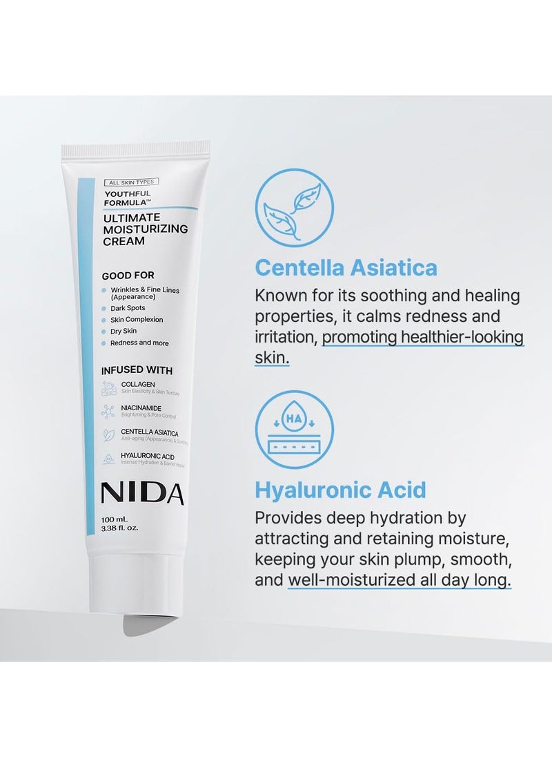 نيدا Youthful Formula™ Ultimate Moisturizing Cream  Centella Asiatica, Niacinamide, Hyaluronic Acid, Collagen  التجاعيد, الخطوط الدقيقة, البقع الداكنة, الجلد الجاف, الأحمرار  3.38 أوقية فلورية, 100 مل  - Image 4