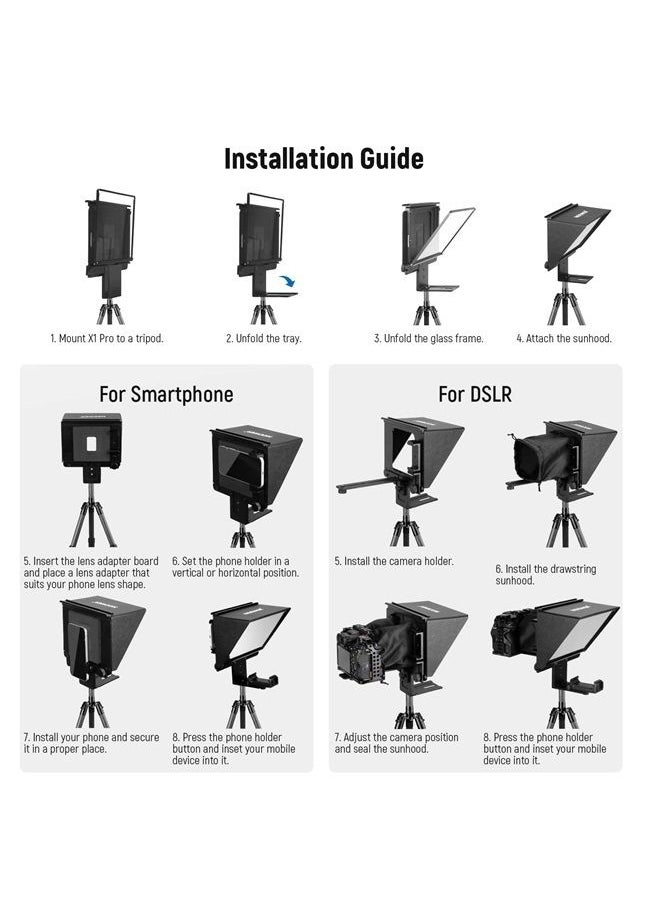 Neewer - NEEWER Teleprompter for Camera & Smartphone, 9 Inch All Metal, Remote Control Via NEEWER Teleprompter APP Bluetooth Connection, Prompting Compatible with iPhone & iPad 9.7 Inch or Smaller, X1 Pro - Image 1