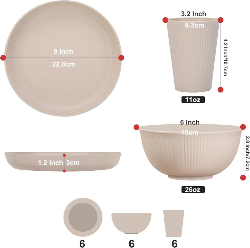 Cynthia CYNTHIA Dinnerware Sets for 6 Plastic Plates and Bowls Sets 18 Piece Wheat Straw Dinnerware Non Breakable Dishes Salad Plates Cereal Bowls Mugs Microwave Tableware Set For Kids PartyBeige White - Image 3