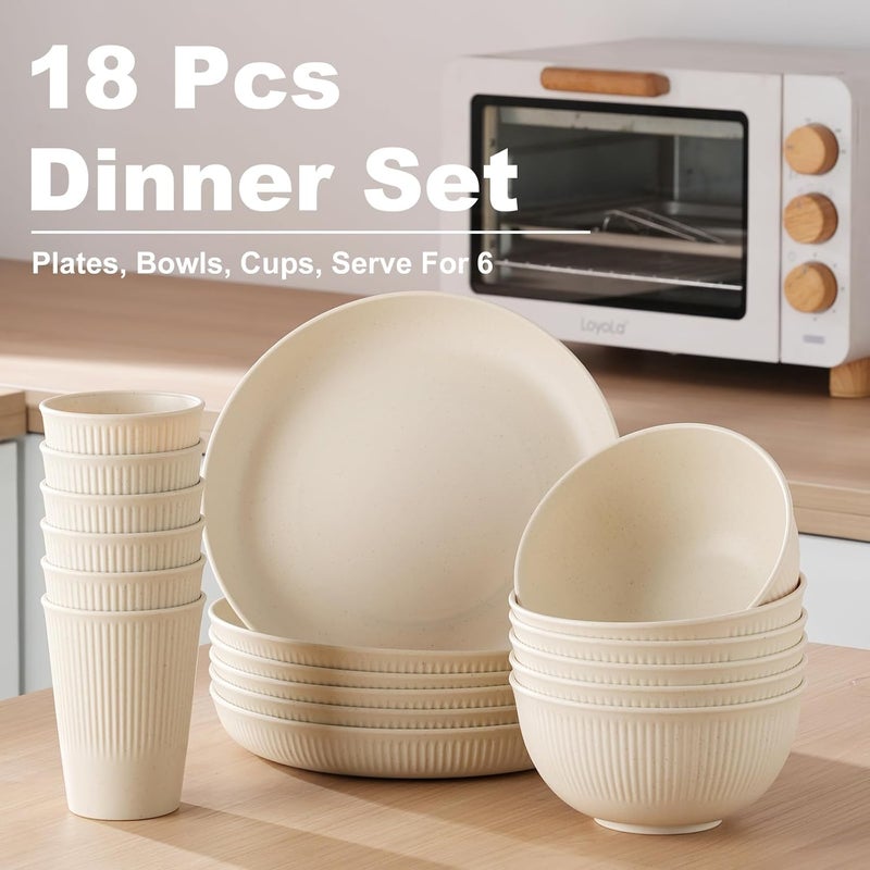 Cynthia CYNTHIA Dinnerware Sets for 6 Plastic Plates and Bowls Sets 18 Piece Wheat Straw Dinnerware Non Breakable Dishes Salad Plates Cereal Bowls Mugs Microwave Tableware Set For Kids PartyBeige White - Image 2