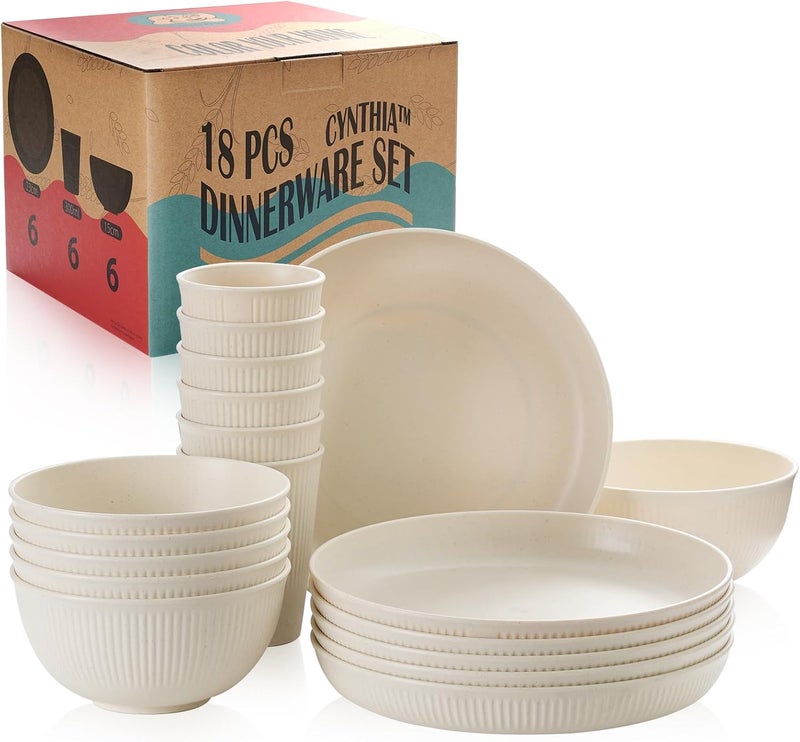 Cynthia CYNTHIA Dinnerware Sets for 6 Plastic Plates and Bowls Sets 18 Piece Wheat Straw Dinnerware Non Breakable Dishes Salad Plates Cereal Bowls Mugs Microwave Tableware Set For Kids PartyBeige White - Image 1