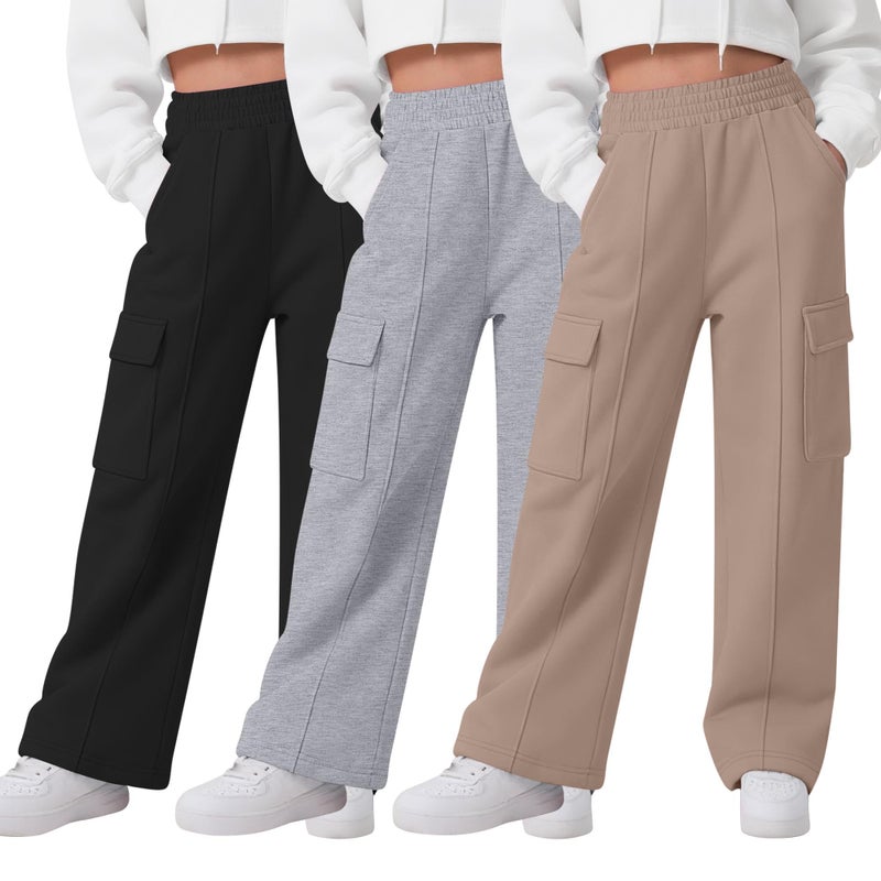 LessonZoo 3 Pack Girls Wide Leg Sweatpants Cargo Pants High Waisted Baggy Causal Loose Kids Elastic Waistband Pants Joggers(Khaki, Light Gray, Black,9-10 Years) - Image 1