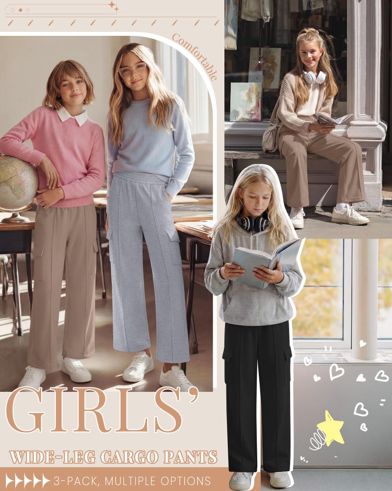 LessonZoo 3 Pack Girls Wide Leg Sweatpants Cargo Pants High Waisted Baggy Causal Loose Kids Elastic Waistband Pants Joggers(Khaki, Light Gray, Black,9-10 Years) - Image 5