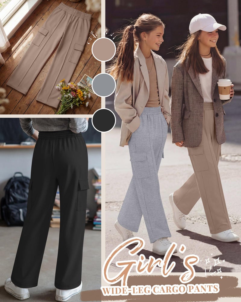 LessonZoo 3 Pack Girls Wide Leg Sweatpants Cargo Pants High Waisted Baggy Causal Loose Kids Elastic Waistband Pants Joggers(Khaki, Light Gray, Black,9-10 Years) - Image 3