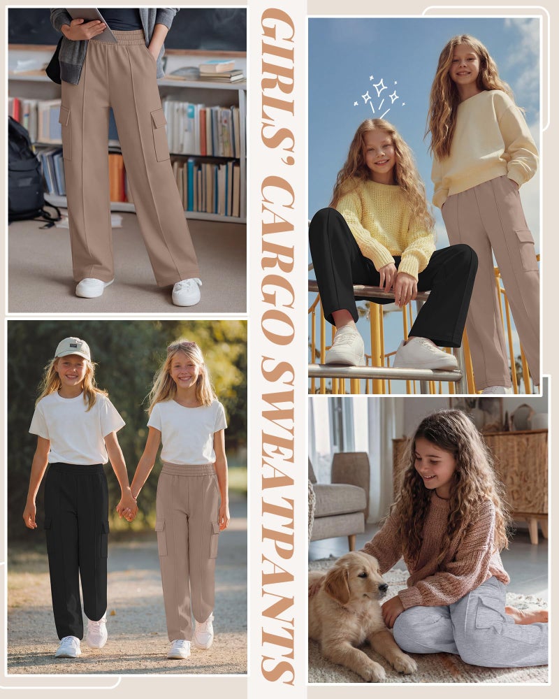 LessonZoo 3 Pack Girls Wide Leg Sweatpants Cargo Pants High Waisted Baggy Causal Loose Kids Elastic Waistband Pants Joggers(Khaki, Light Gray, Black,9-10 Years) - Image 2