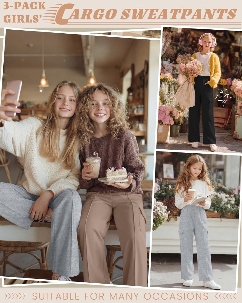 LessonZoo 3 Pack Girls Wide Leg Sweatpants Cargo Pants High Waisted Baggy Causal Loose Kids Elastic Waistband Pants Joggers(Khaki, Light Gray, Black,9-10 Years) - Image 4