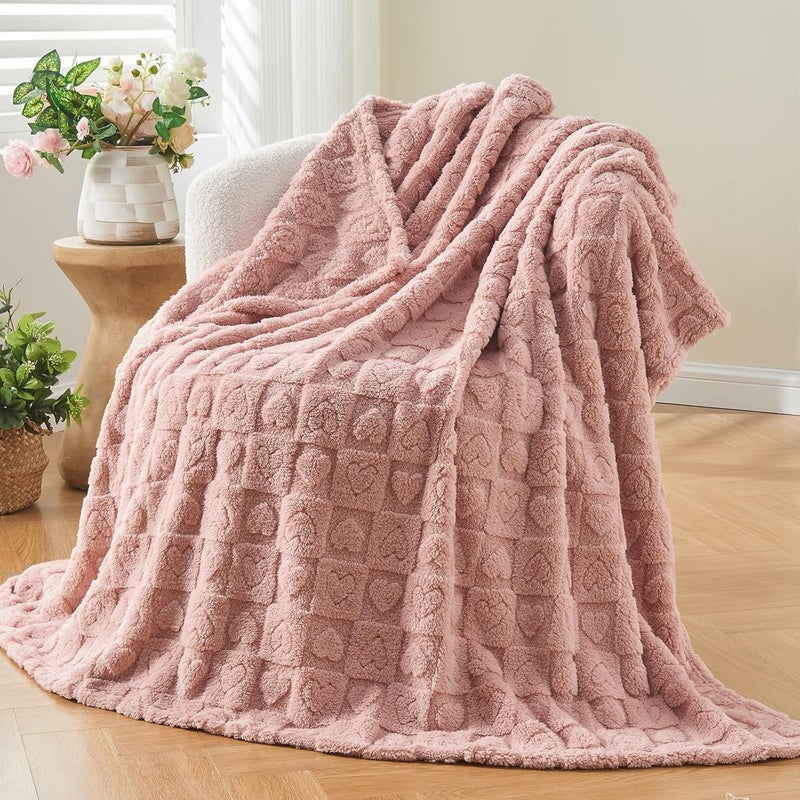 Wajade Fleece Throw Blanket, Fluffy Faux Fur Blanket for Bed Sofa Couch, Soft Cosy Warm Thick Blanket,Love Pink 127x178 - Image 1