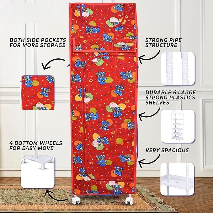 Jaffix Almirah for Clothes, Multipurpose Collapsible Wardrobe for Kids Toys/Books, Baby Cupboard for Storage in Bedroom Nursery, Plastic Cartoon With Wheels (Maroon) - Image 5
