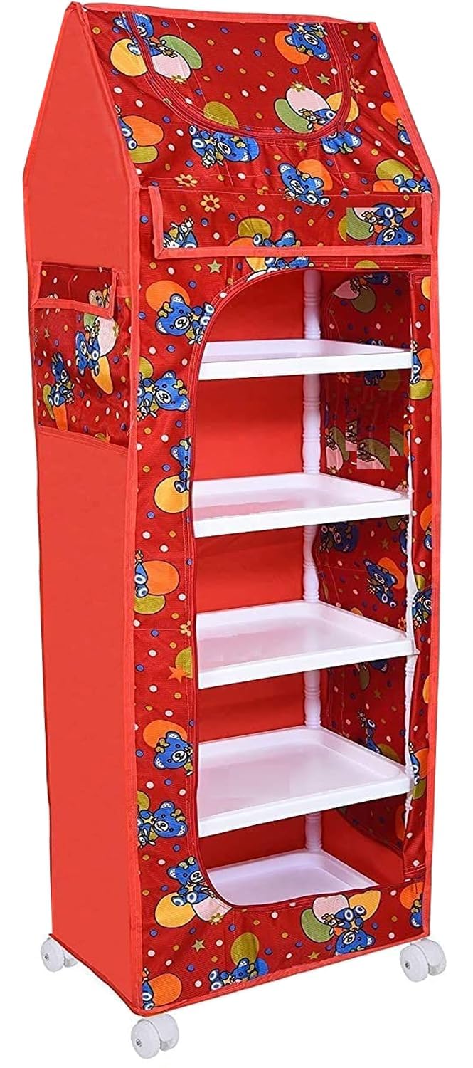 Jaffix Almirah for Clothes, Multipurpose Collapsible Wardrobe for Kids Toys/Books, Baby Cupboard for Storage in Bedroom Nursery, Plastic Cartoon With Wheels (Maroon) - Image 1