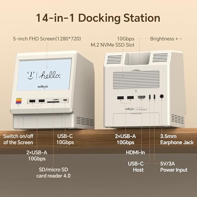 rayihni M5 RETRO DOCKING STATION FOR MAC MINI M4, 5" HD DISPLAY, 10GBPS M.2 NVME SSD ENCLOSURE, SD/MICRO SD CARD READER 4.0, 4X USB-A, 1X USB-C (10GBPS), 3.5MM HEADPHONE JACK - Image 3