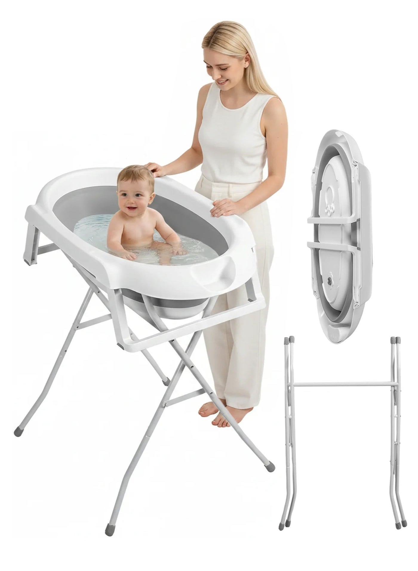 WALALLA Foldable Baby Bathtub with Heightened Stand, Collapsible Infant Bath Basin with Wash Tube Set, Portable Baby Shower Tub with Stable Support Design for Newborn Toddler Kids 0-6 Years Home Bathr