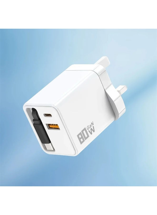 FDTY 80W GaN Charger with Self-Extending Type-C Cable, USB A + Type-C Fast Charging Block, UK Plug Wall Charger Adapter, White. - Image 1