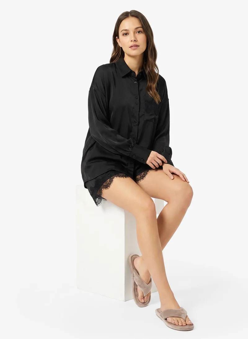 Ginger Lace Trim Button Up Shirt & Short PJ Set