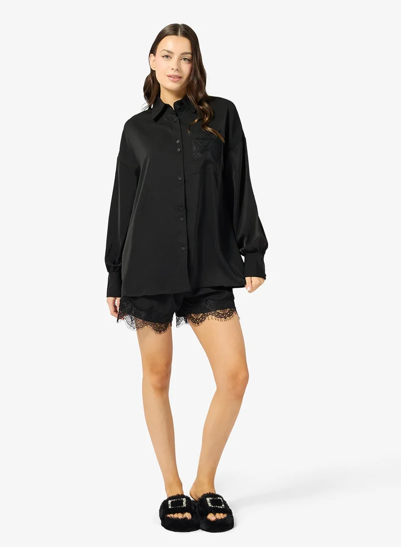 Ginger Lace Trim Button Up Shirt & Short PJ Set