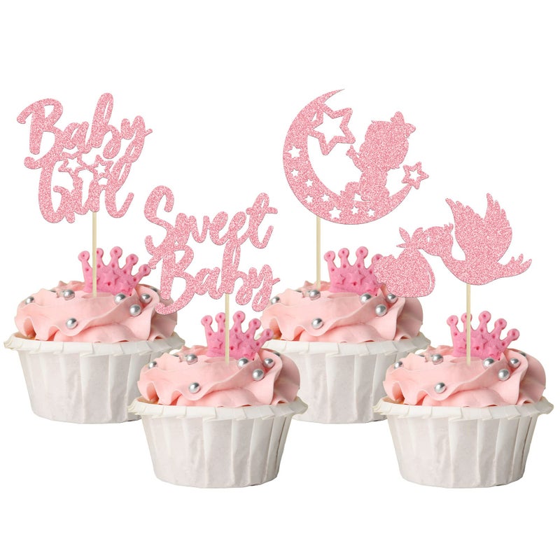 Ephlyn 24Pcs Baby Girl Cupcake Toppers Pink Glitter Moon Star Sweet Baby Girl Cupcake Picks Decorations for Gender Reveal Baby Shower Kids Girls Birthday Party Supplies - Image 1