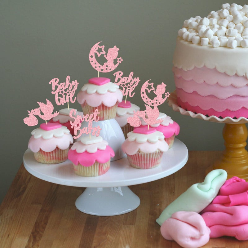 Ephlyn 24Pcs Baby Girl Cupcake Toppers Pink Glitter Moon Star Sweet Baby Girl Cupcake Picks Decorations for Gender Reveal Baby Shower Kids Girls Birthday Party Supplies - Image 5