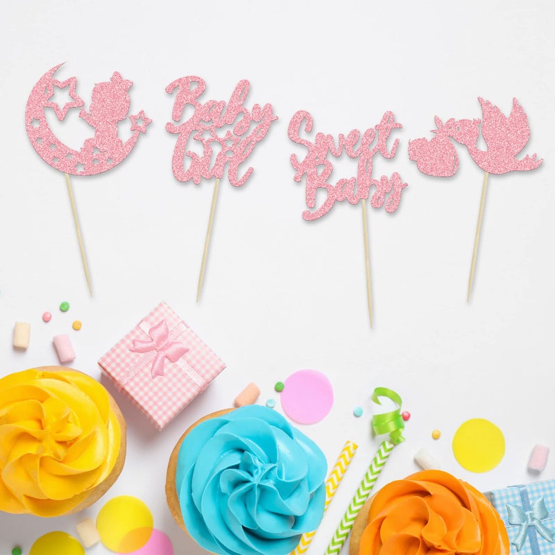 Ephlyn 24Pcs Baby Girl Cupcake Toppers Pink Glitter Moon Star Sweet Baby Girl Cupcake Picks Decorations for Gender Reveal Baby Shower Kids Girls Birthday Party Supplies - Image 3
