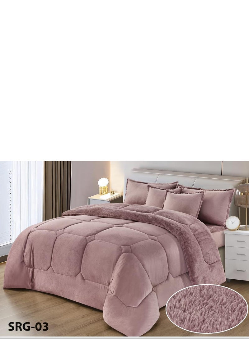 مينج لي مفرش نفرين نظام وجهين وجه مخمل ووجه فرو ناعم نظام 6قطع حشوه وسط عملي /King size230*250cm/ وردي