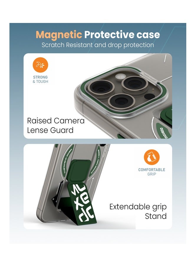 Moxedo Magnetic Protective Case Scratch Resistant Drop Protection with Built-in Extendable Grip Stand Compatible for iPhone 15 Pro 6.1 inch - Green - Image 3