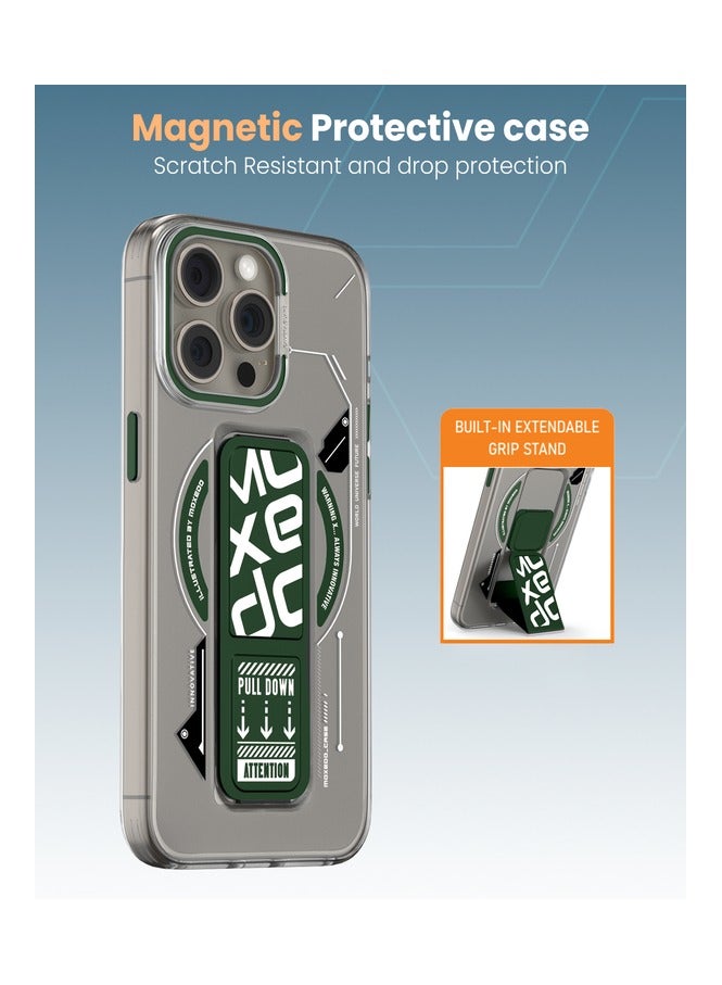 Moxedo Magnetic Protective Case Scratch Resistant Drop Protection with Built-in Extendable Grip Stand Compatible for iPhone 15 Pro 6.1 inch - Green - Image 5