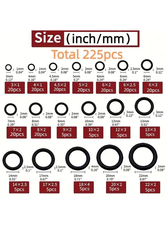 225pcs Hydraulic O Ring Set 18 Sizes Flat Surface Gasket For Automotive Repair Faucet Pipe Air Gas Sealing - Image 3