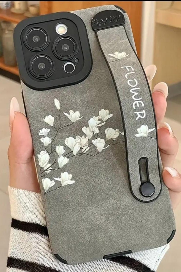 Iphone 12 Pro Max Cover, Magnolia Flower Colorful Faux Leather Wristband Anti-Fall Mobile Phone Case Suitable for Apple 12 Pro Max, Gray Color.  - Image 1