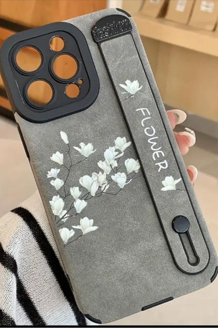 Iphone 12 Pro Max Cover, Magnolia Flower Colorful Faux Leather Wristband Anti-Fall Mobile Phone Case Suitable for Apple 12 Pro Max, Gray Color.  - Image 4