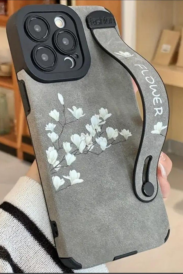 Iphone 12 Pro Max Cover, Magnolia Flower Colorful Faux Leather Wristband Anti-Fall Mobile Phone Case Suitable for Apple 12 Pro Max, Gray Color.  - Image 2