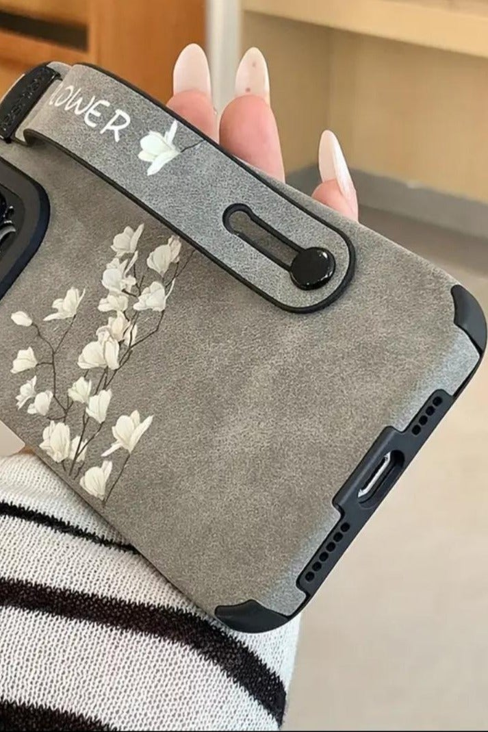 Iphone 12 Pro Max Cover, Magnolia Flower Colorful Faux Leather Wristband Anti-Fall Mobile Phone Case Suitable for Apple 12 Pro Max, Gray Color.  - Image 3