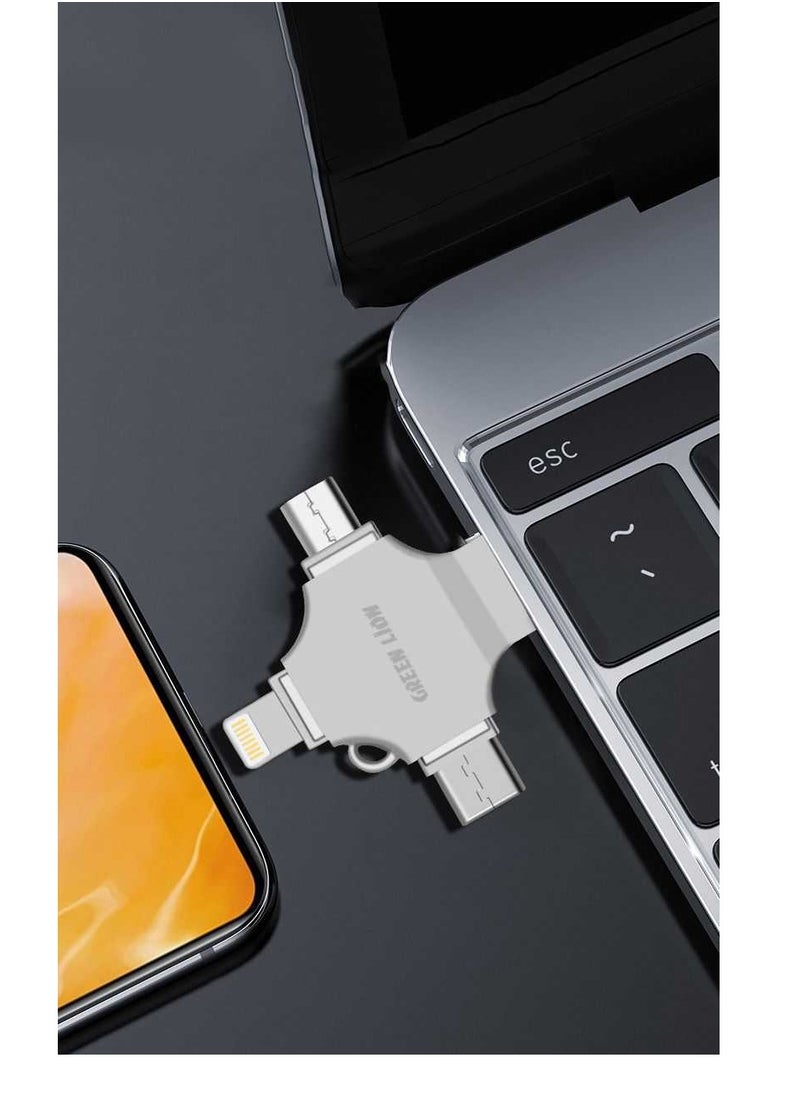 GREEN LION - 4-in-1 High-Speed USB Flash Drive 256GB Data Transfer / USB-A / USB-C / Lightening / Micro / Large Storage Capacity / Portable Design - Silver - Image 1