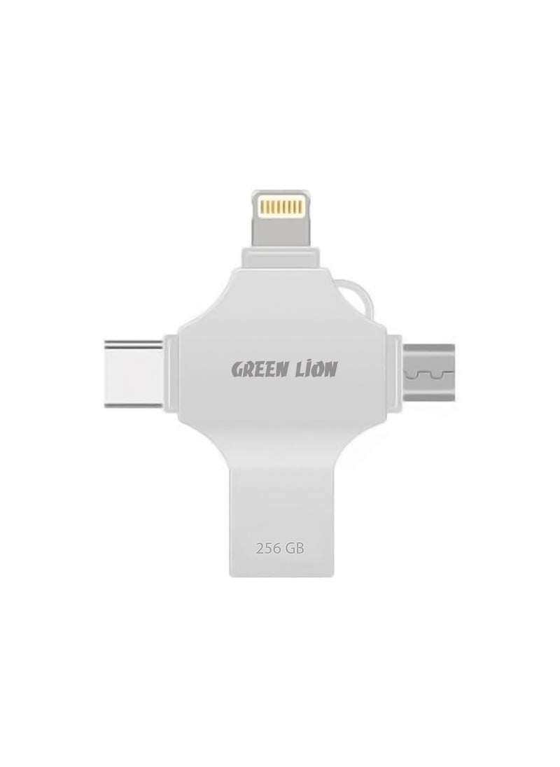 GREEN LION - 4-in-1 High-Speed USB Flash Drive 256GB Data Transfer / USB-A / USB-C / Lightening / Micro / Large Storage Capacity / Portable Design - Silver - Image 1