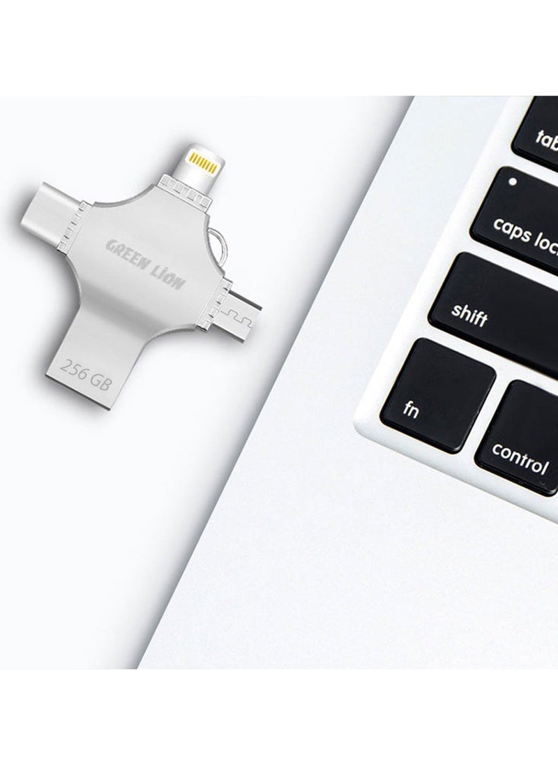 GREEN LION - 4-in-1 High-Speed USB Flash Drive 256GB Data Transfer / USB-A / USB-C / Lightening / Micro / Large Storage Capacity / Portable Design - Silver - Image 1