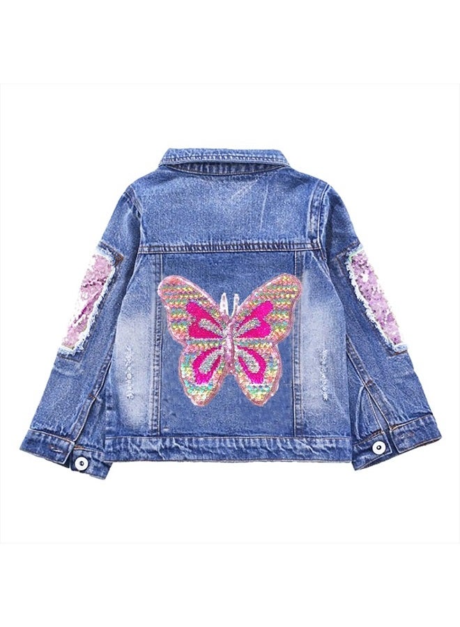 3-10Years Little Big Girls Embroider Butterfly Denim Jacket(pink butterfly,5-6Years)
