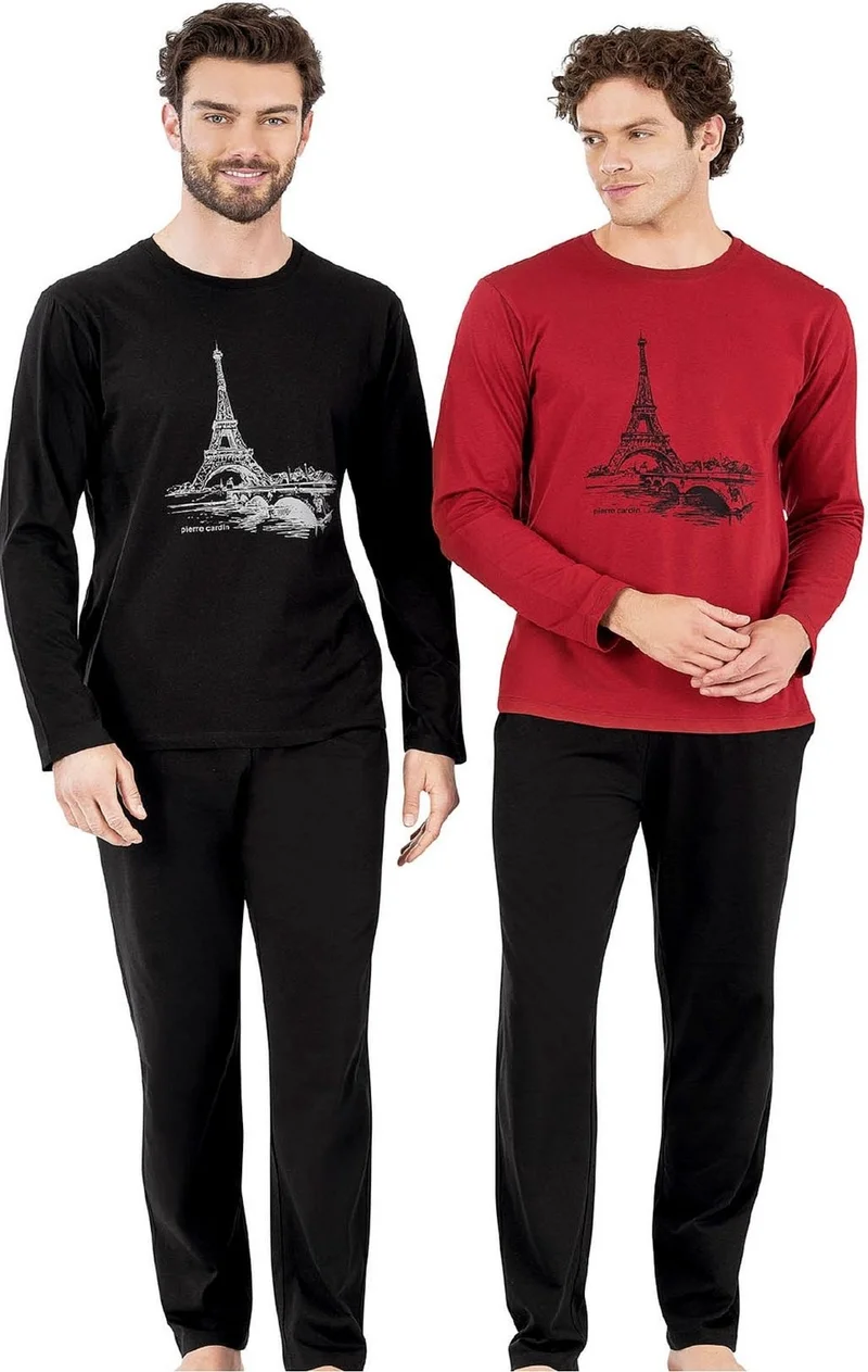 بيير كاردان 6064 Men's Long Sleeve Crew Neck Pajama Set-Burgundy
