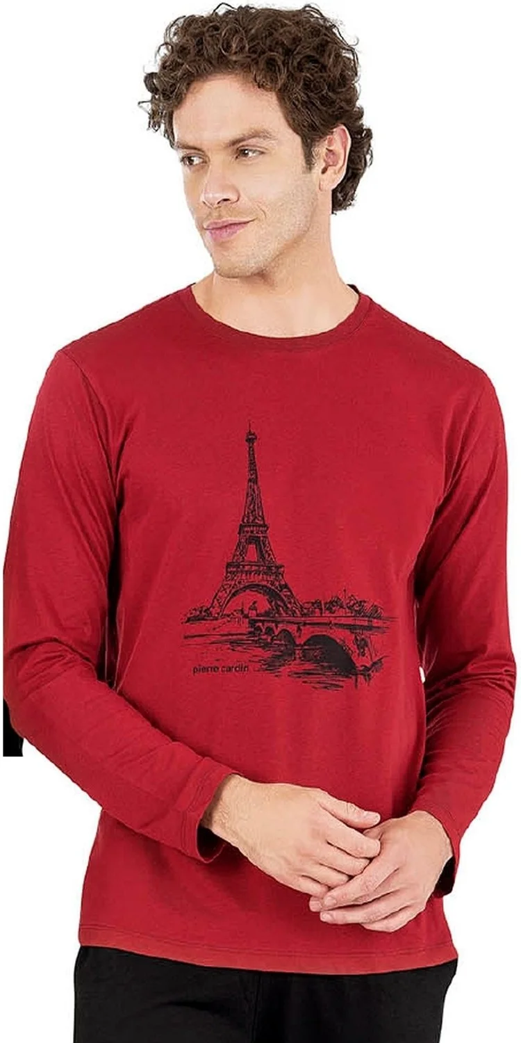 بيير كاردان 6064 Men's Long Sleeve Crew Neck Pajama Set-Burgundy