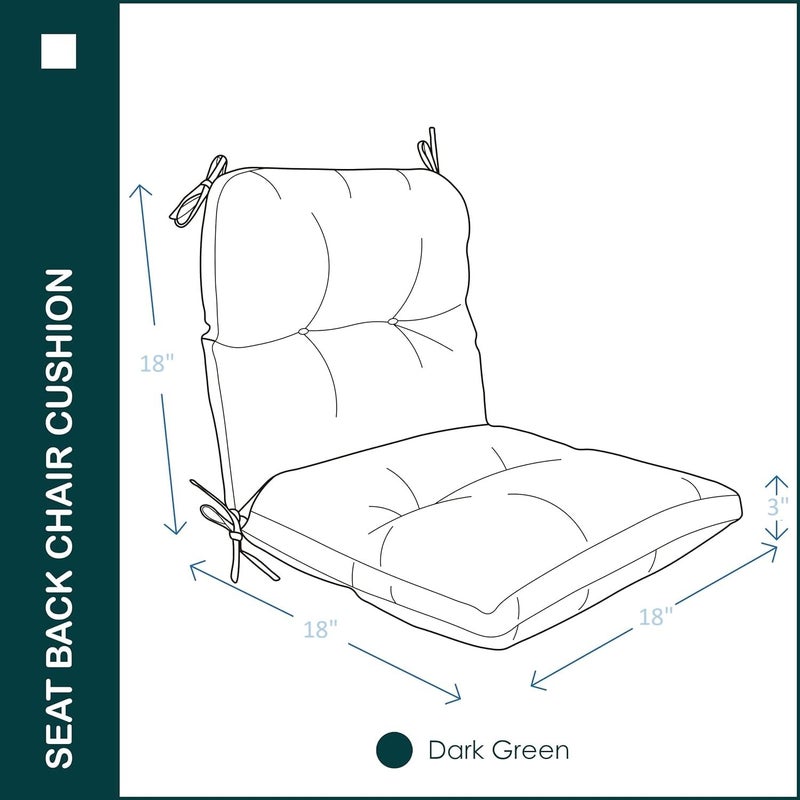MILLIARD Outdoor Indoor Tufted SeatBack Chair Cushion 18 x 18 Set of 2 AllWeather Patio Cushions with Ties Dark Green Solid Color - Image 2