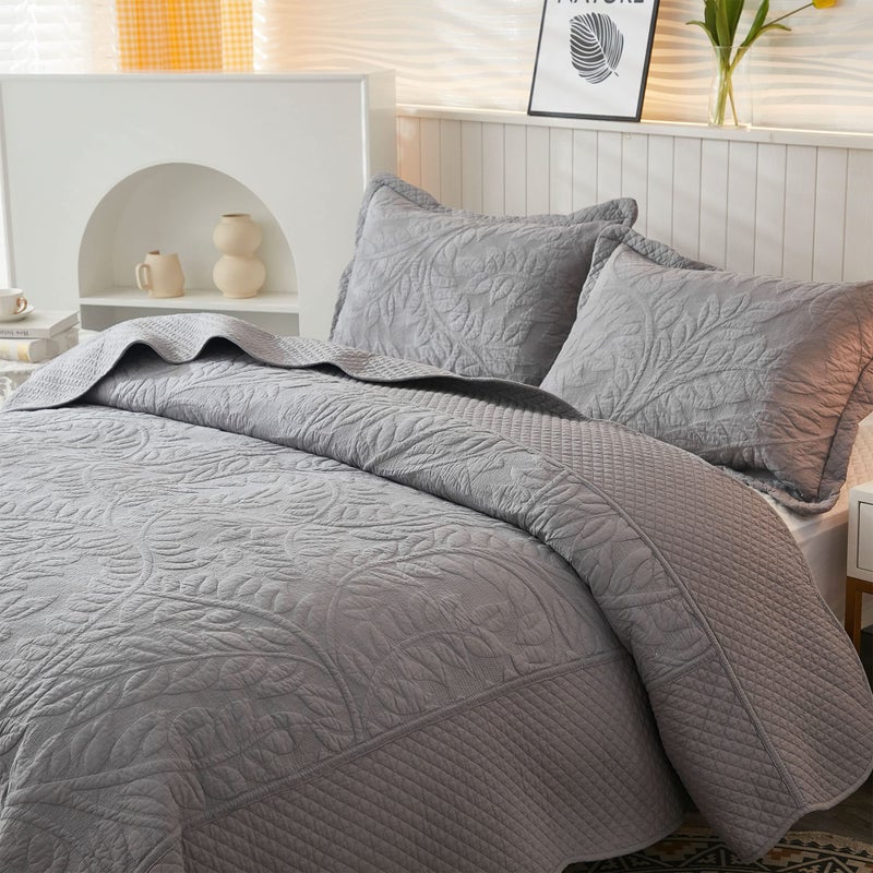 MarCielo 3-Piece 100% Cotton Oversized Bedspread Lightweight Quilt Coverlet Embroidery Farmhouse Bedding Set T0 (Light Grey, Oversized King (118"x106")) - Image 4
