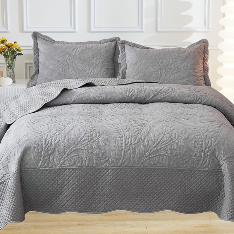 MarCielo 3-Piece 100% Cotton Oversized Bedspread Lightweight Quilt Coverlet Embroidery Farmhouse Bedding Set T0 (Light Grey, Oversized King (118"x106")) - Image 1