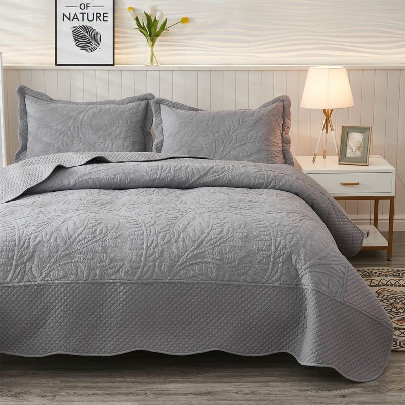 MarCielo 3-Piece 100% Cotton Oversized Bedspread Lightweight Quilt Coverlet Embroidery Farmhouse Bedding Set T0 (Light Grey, Oversized King (118"x106")) - Image 2