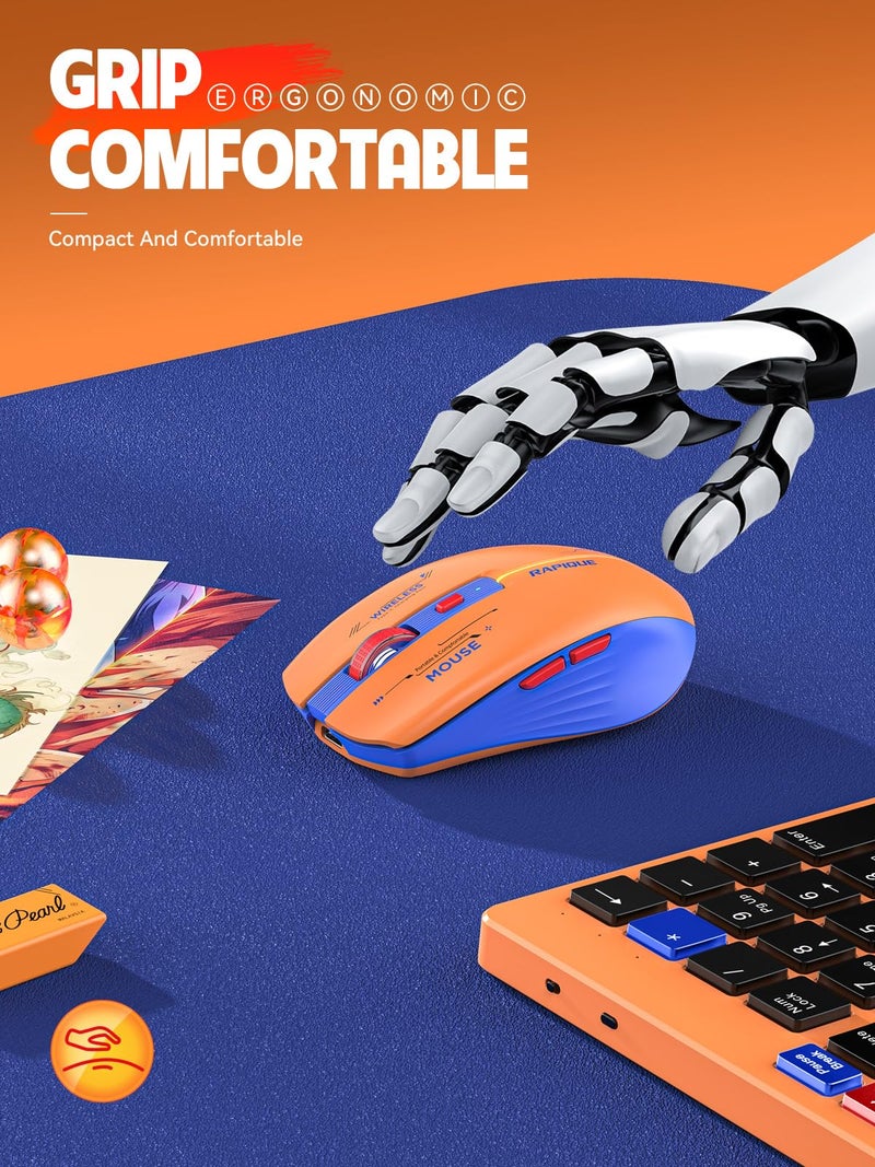 RAPIQUE Bluetooth Wireless Mouse - (BT1/BT2+USB Receiver) Dual Mode, Rechargeable, Quiet Click, Multi-Device Compatibility for Laptop, Computer, MacBook, Tablet (Blue and Orange) - Image 2