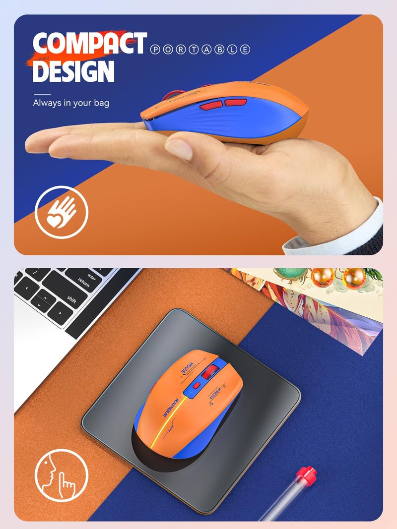 RAPIQUE Bluetooth Wireless Mouse - (BT1/BT2+USB Receiver) Dual Mode, Rechargeable, Quiet Click, Multi-Device Compatibility for Laptop, Computer, MacBook, Tablet (Blue and Orange) - Image 5