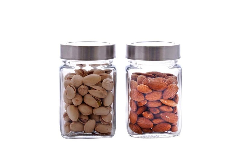 CROCO JAR Croco Silver Steel Transparent Clear L Lid Square Cube Glass Jars and Container For Kitchen Spice Dried Herbs Jars Set Pack Of 4300 Ml Each - Image 1