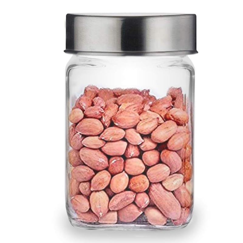 CROCO JAR Croco Silver Steel Transparent Clear L Lid Square Cube Glass Jars and Container For Kitchen Spice Dried Herbs Jars Set Pack Of 4300 Ml Each - Image 3