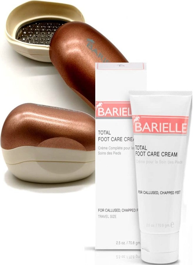BARIELLE Portable Oval Gold & White Clamshell Foot File/Foot Rasp with 2.5oz Total Care Foot Cream 2-PC Foot Care Set - Image 1